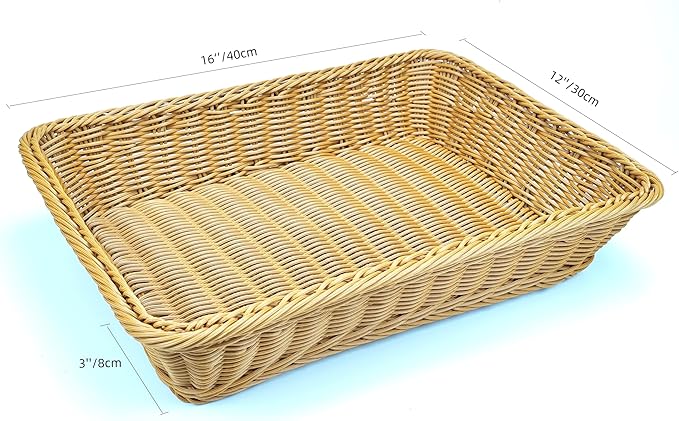 ANRUIDE 16" Poly Wicker Bread Basket, Long Woven Tabletop Food Fruit Vegetables Serving Basket, Restaurant Serving, Honey Brown