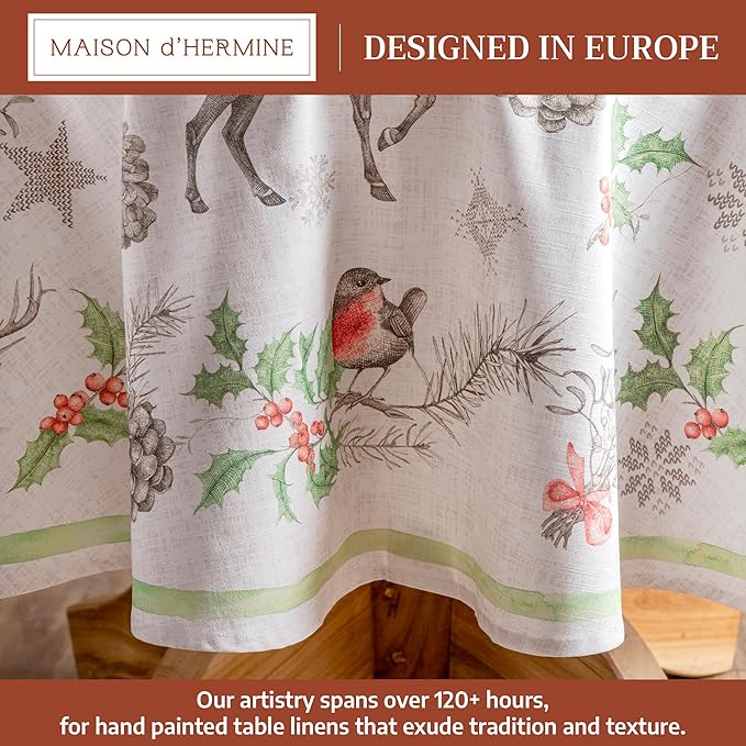 Maison d' Hermine Table Cloth Round Table 100% Cotton 63 Inches Fall Tablecloth Reusable Everyday Use for Thanksgiving Christmas Decorations Dining Farmhouse Party (Christmas Dew)