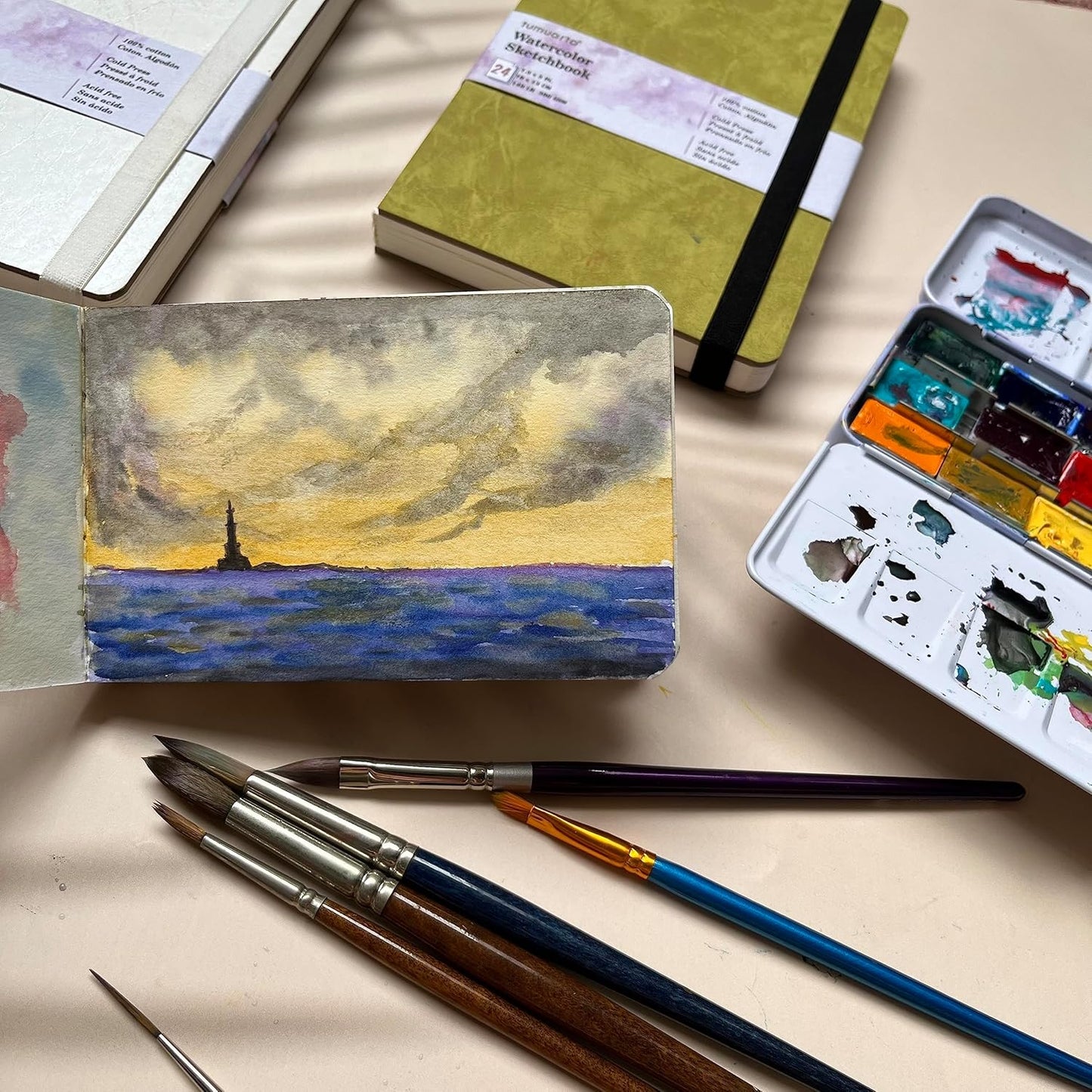 tumuarta Watercolor Sketchbook, 5x7.5, 140 LB, 300 GSM, 100% Cotton Paper, Cold Press, 24 Sheets, 48 Pages, Watercolor Journal for Use As Travel Sketch Book and Mixed Media Pad On The Go.5x7.5 Green