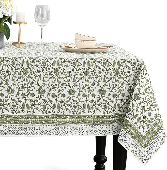 CPC Meadow Vine Tablecloth 100% Cotton 60x90 Inch Indian Block Print Rectangle Table Cover, Table Cloth for Gifting in Weddings, Halloween, Fall, Christmas, Thanksgiving
