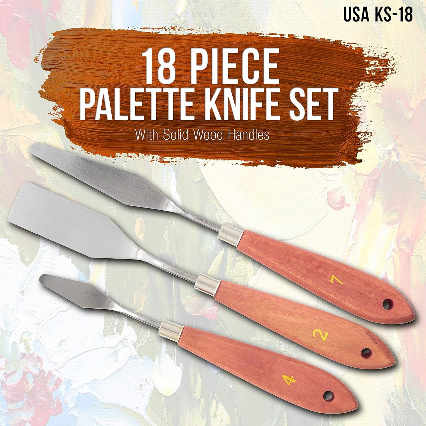 U.S. Art Supply 18-Piece Stainless Steel Palette Knife Set for Acrylic Painting - Wood Handle Paint Spatula Tools for Oil, Canvas Art - Painting Knives for Mixing, Texturing - Pallet Knives for Art