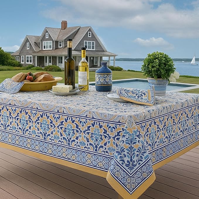 Home Bargains Plus Rectangle Fabric Tablecloth, 52 x 70 Inch, Allure Yellow and Blue Floral Bordered Print, Indoor Outdoor Stain and Water Resistant Table Cloth, Provence French Country