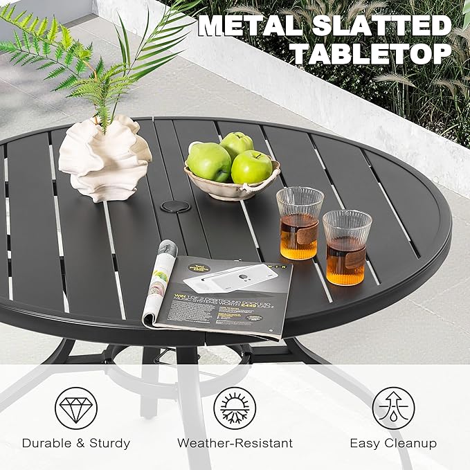 NUU GARDEN 41" Round Metal Outdoor Patio Dining Table for 4, All-Weather Slatted Outdoor Table with 1.57" Umbrella Hole and Adjustable Feet for Lawn Garden Backyard, Black