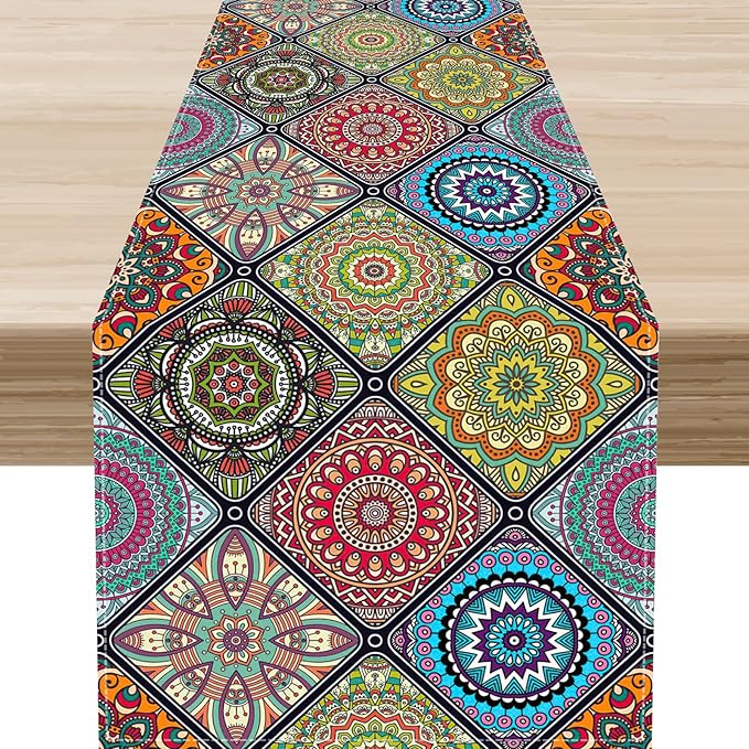 Bohemian Mandala Table Runner, Vintage Colorful Boho Geometric Floral Flower Antique Paisley Rustic Coffee Table Center Decor for Family Kitchen and Living Room Outdoor Table Decorations, 13"x90"