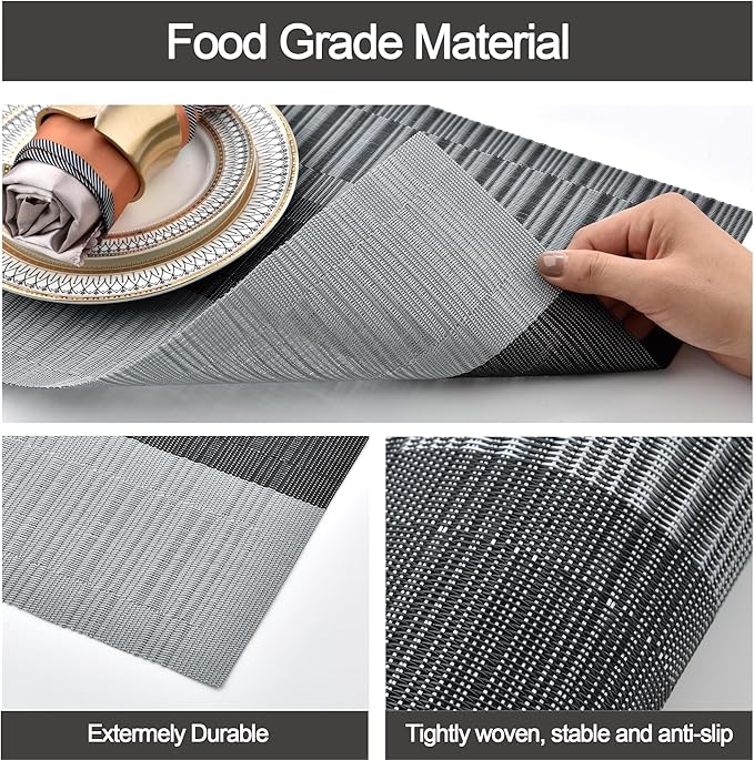 SLKQG Placemats Set of 8 - Easy Clean Washable Vinyl Placemats - Heat Resistant Placemats for Kitchen Table - PVC Table Mats for Dining Table (Black and Gray, 8)
