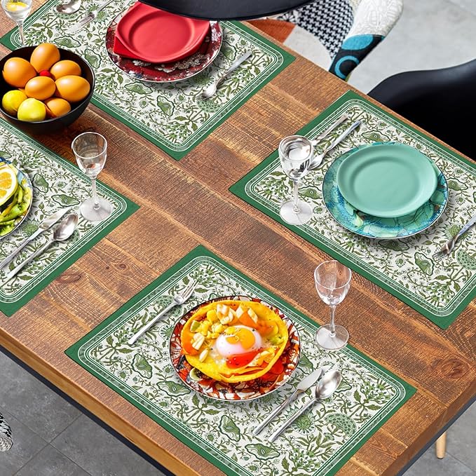 Green Floral Boho Placemats Set of 4, 12x18 Inch Vintage Chinoiserie Block Print Place Mats Seasonal Spring Summer Rustic Farmhouse Table Mats for Party Kitchen Dining Outdoor Indoor Decor