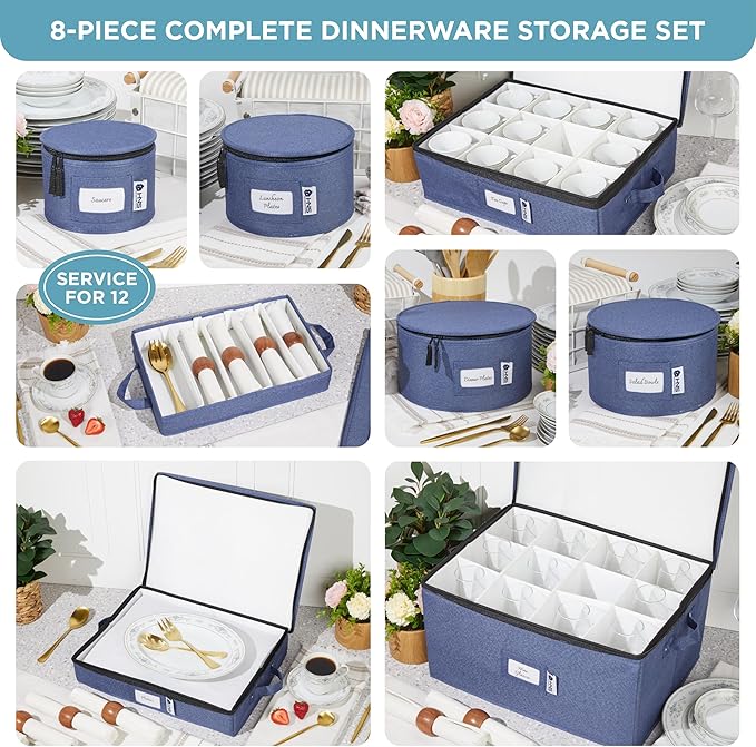 China Storage Hard Shell Containers 8-Piece Set Moving Boxes for Dinnerware, Glasses, Plates, Mugs and Saucers Sturdy Dish Organizer with Dividers for Seasonal Storage - Service for 12 - Denim Blue