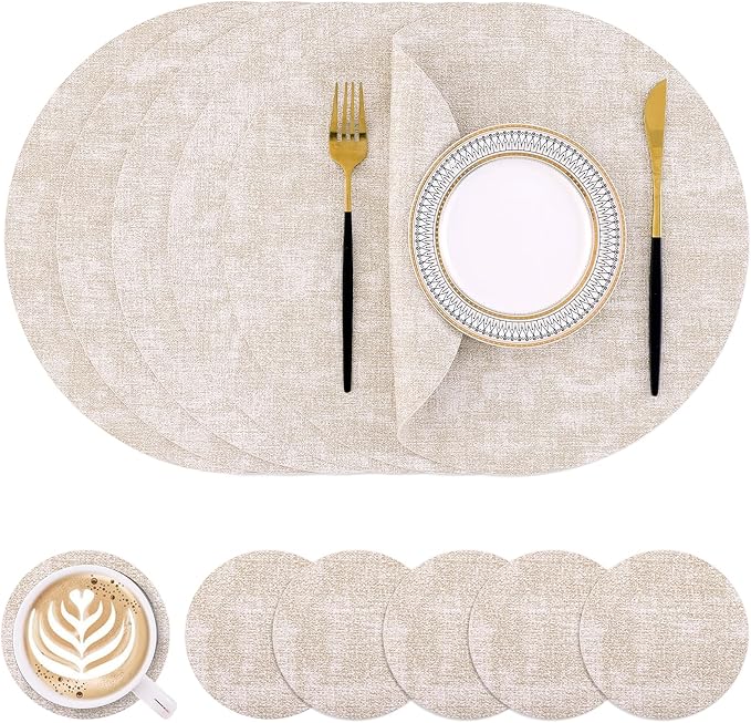 Homaxy Round Faux Leather Placemats and Coasters, Washable Dual-Side Table Mats, Wipeable Heat-Resistant Dining Place Mats for Outdoor and Indoor, Set of 6, Diameter 13 and 3.93 inch, Beige