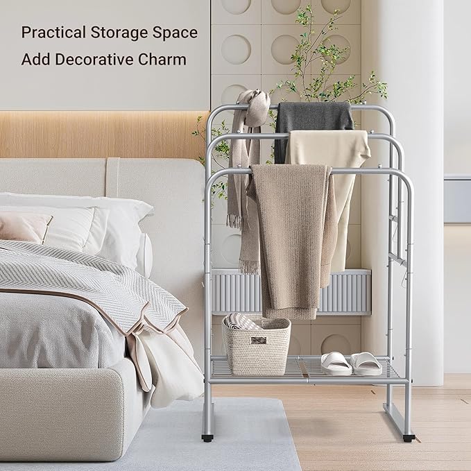 ELYKEN 40'' Tall Standing Towel Racks, 3 Tier Towel Drying Rack Outdoor, Pool Towel Stand Blanket Holder with Shelf & 4 Removable Hooks, Metal Freestanding Towel Racks for Bathroom, Smooth Silver