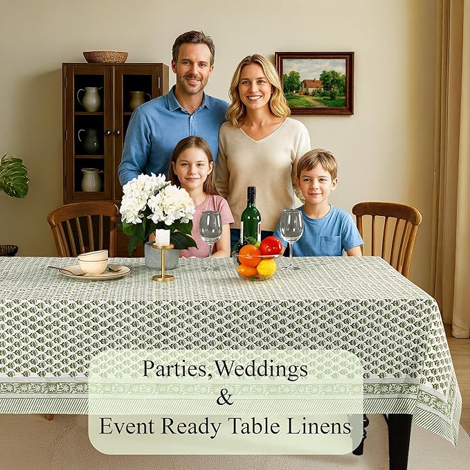 CPC Cotton Tablecloth 80x120 Inch Rectangle Indian Block Print Tablecloth- Green Washable Wedding Table Cover for Thanksgiving/Christmas- Emerald Green