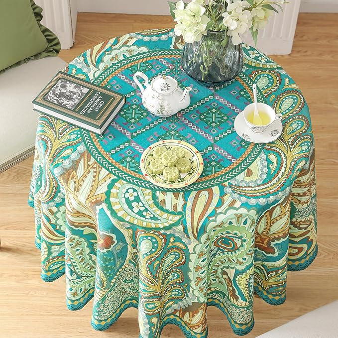 Linen 55 Inch Round Tablecloth,Wrinkle Resistant French Green Tablecloth Print with Froal,Decor Stitch Table Cloth for Thanksgiving,Dining Room,Home,Kitchen Diameter 55"-Milen