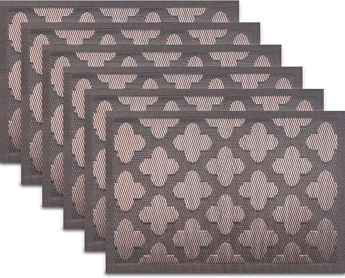 Elegant Placemats Set of 6, Plastic Heat-Resistant Non-Slip Vinyl Place Mats Washable Easy to Clean Placemat for Dining Table (Brown)