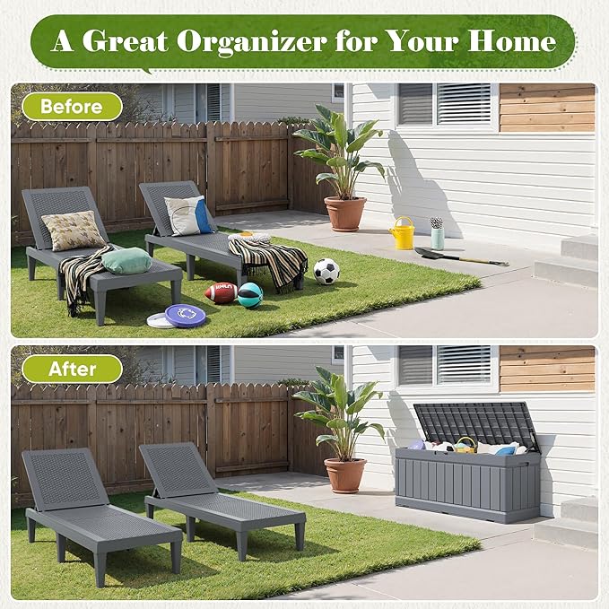 Flamaker Outdoor Storage Box 80 Gallon Resin Waterproof Deck Box Delivery Box with Wood Texture Large Storage Bin for Patio Cushions, (Grey)