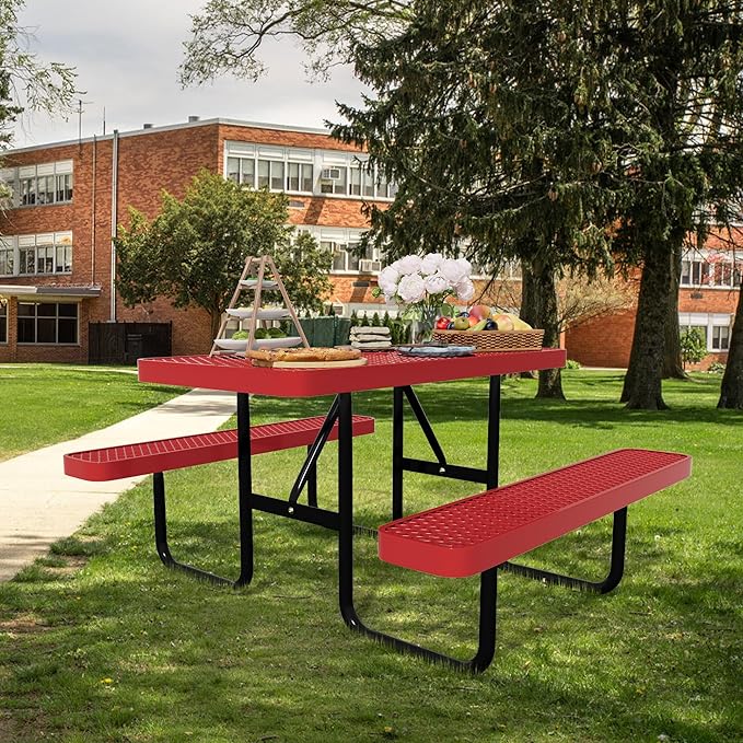48'' Rectangular Metal Picnic Table for Outdoors,Heavy-Duty Portable Commercial Picnic Tables Bench Set with Umbrella Hole,School Canteen Table W/Seats - Patio Dining Furniture for Patio Garden