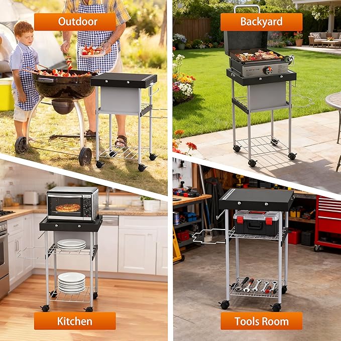 Grill Table Cart for Weber 22 inch Kettle 18in Charcoal Camping Carts for Blackstone 17 inch Griddle Accessories Outdoor Grillling Side Tables Freestanding Barbecue Shelves with Wheels Storage