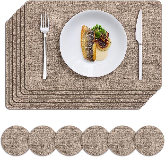 MOSAYT Faux Leather Placemats Set of 6, Heat Resistant Wipeable Washable Vinyl Place Mats with Coasters, Waterproof Oil Proof Table Mats for Kitchen Dining Party Indoor Outdoor, 12" x 17", Khaki
