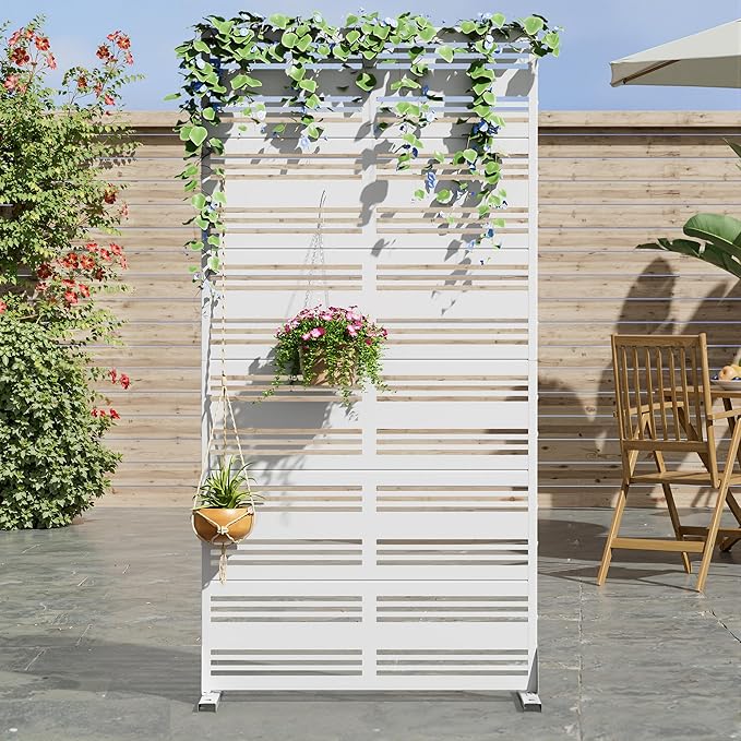 Casaphoria 72" H x 35" W Metal Privacy Screen, Outdoor Freestanding Decorative Divider for Patio, Deck, Balcony, and Garden with Stable Base, White-Harold