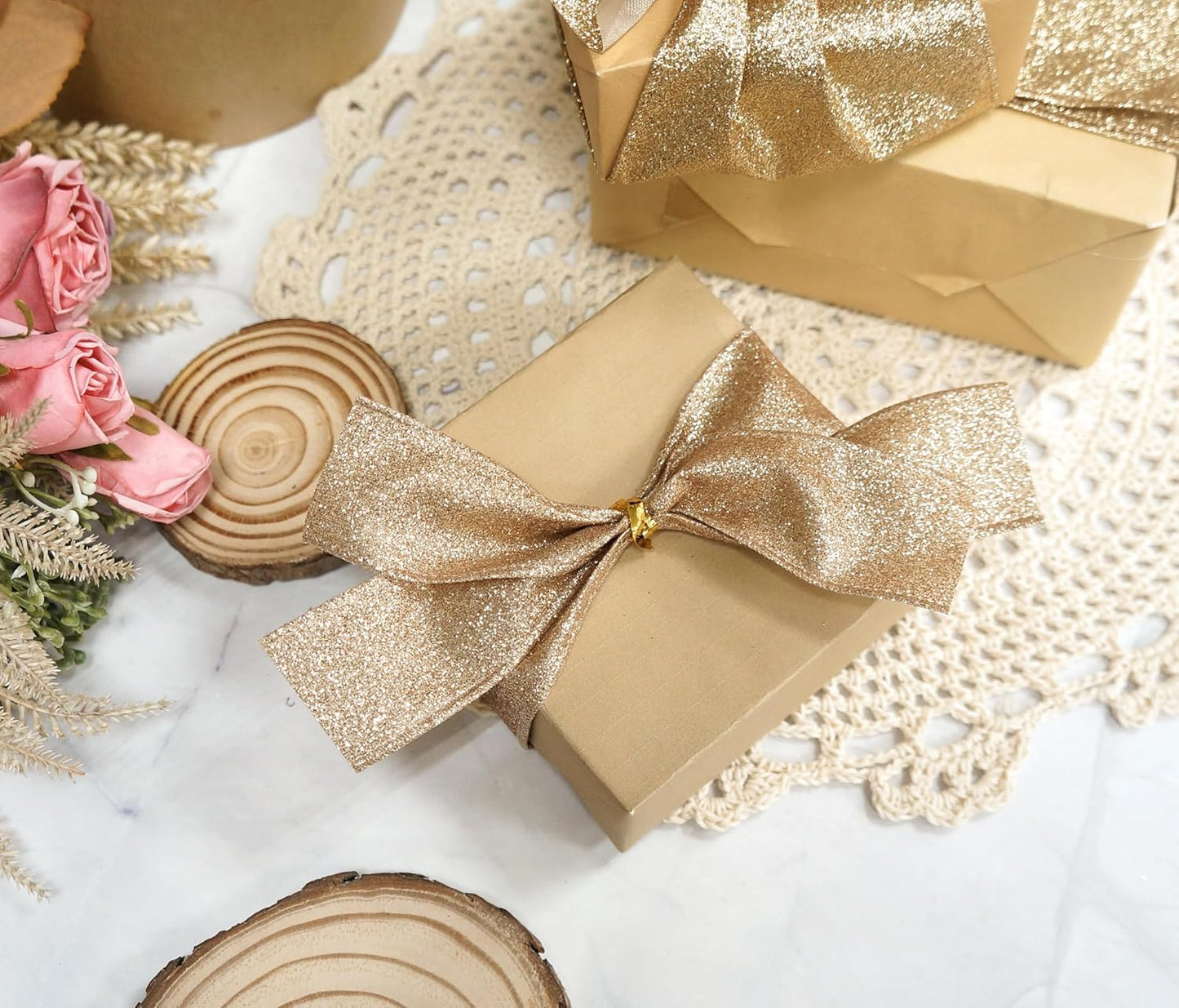 CT CRAFT LLC Glitter Wired Ribbon 1.5" x 20 Yards Gold (Champagne Gold) for Christmas Home Decor Bow Gift Wrapping DIY Crafts Wreath