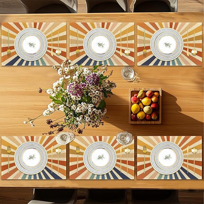 Placemats Set of 6,Vintage Boho Sun Table Mats,Sunrise Sunshine Washable Linen Table Mats,Non-Slip Heat Resistant Placemats for Party Kitchen Dining Indoor Outdoor 12"x18"