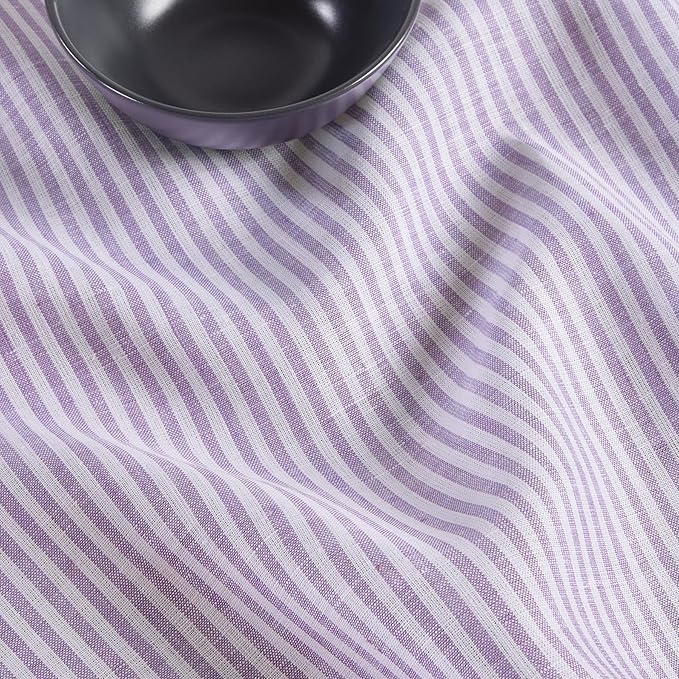 Solino Home Linen Striped Table Runner 132 Inches Long - Narrow Stripe 100% Pure Linen Lavender and White Dining Table Runner 14 x 132 Inch for Valentines, Spring, Easter