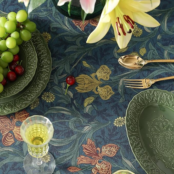 patdrea Designer Vintage Dark Blue Linen Round Tablecloth,French Rustic Floral Pattern Tablecloths,Decorative Table Cover Cloth for Kitchen,Dining,Tea Party,Home,Christmas,Diameter 67"