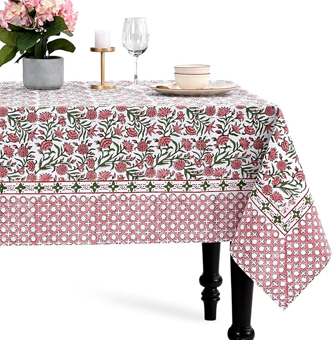 CPC Tablecloth 100% Cotton 72x140 Inch Indian Block Print Rectangle Table Cover, Red Table Cloth for Weddings, Spring/Summer, Barbeque - Red Garnet