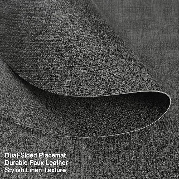 Placemats and Coasters, Washable Reversible Placemats Round Faux Leather Wipeable Place Mats Non Slip Heat Resistant Indoor Outdoor Table Mats (Set of 6, Gray)