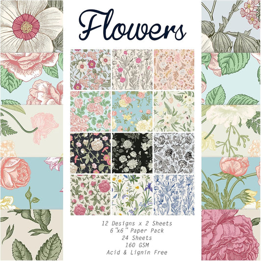 24 Sheets 12 Designs Scrapbook Paper Pad,6"×6” Single-Sided Decopodge Craft Cardstock Paper, Christmas Scrapbooking DIY Decorative Background Cardmaking Supplies.Flowers