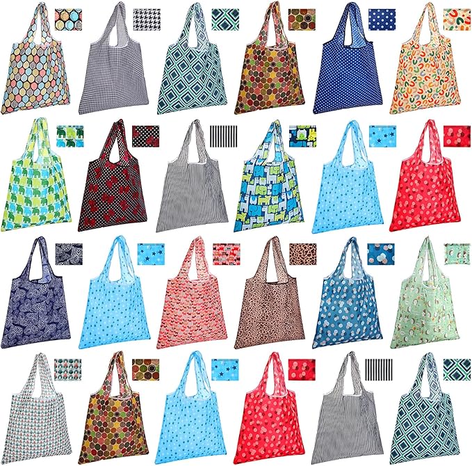 Eccliy 24 Pieces Reusable Grocery Bags Polyester Shopping Bags for Groceries Multi Colors Reusable Foldable Shopping Tote (Geometric Rules)