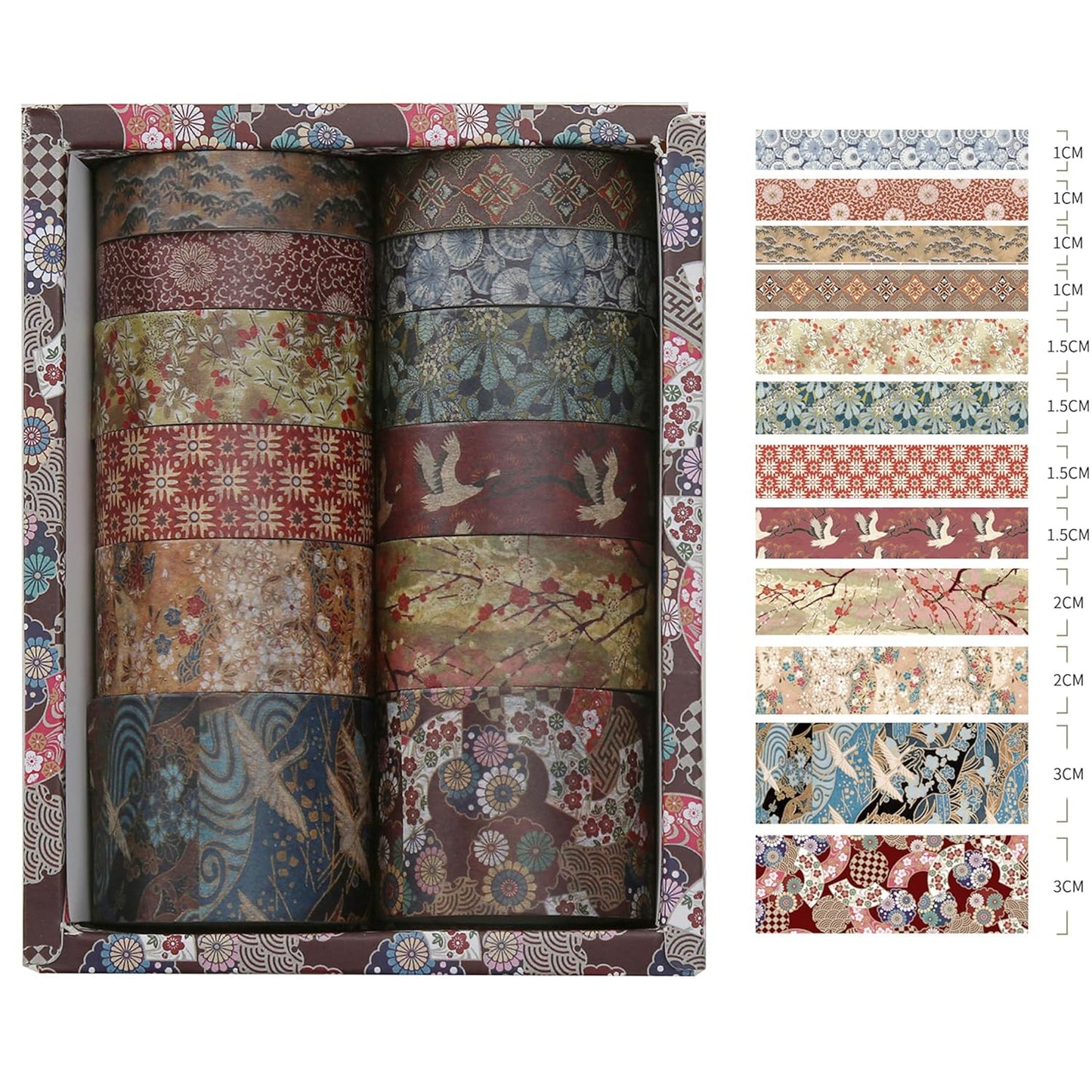 12 Rolls Kyoto Charm Washi Tape Set Japanese Arts Adhesive Tapes Geometric Garden Decorative Masking Tape Sets for Craft, Kids, Scrapbook, DIY, Gift Wrapping (Crimson Fields)