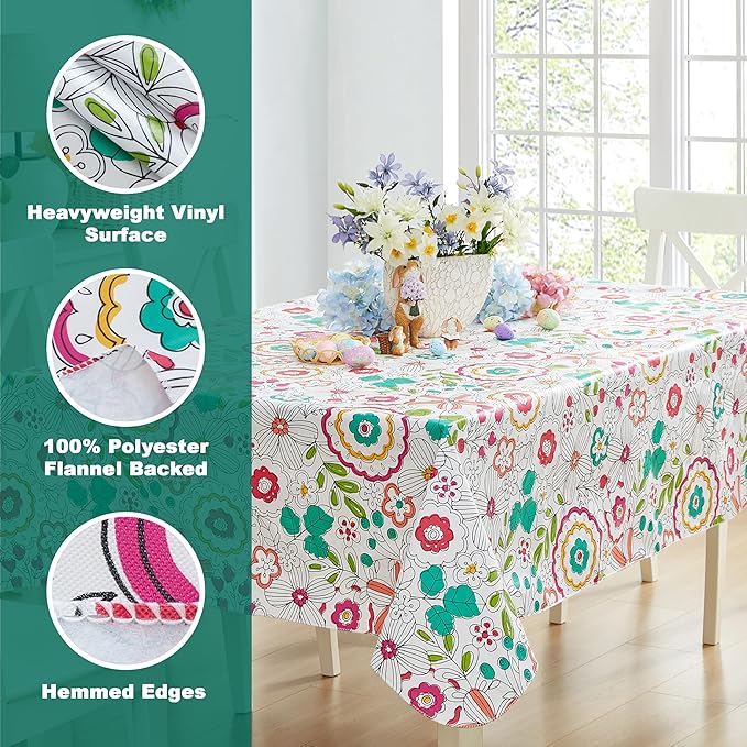 Newbridge Shabby Chic Lily Print 60 x 84 Inch Rectangle Vinyl Flannel Backed Tablecloth, Pink Yellow and Green Lily Indoor and Outdoor Waterproof Vinyl Table Cover for Spring Holiday Party