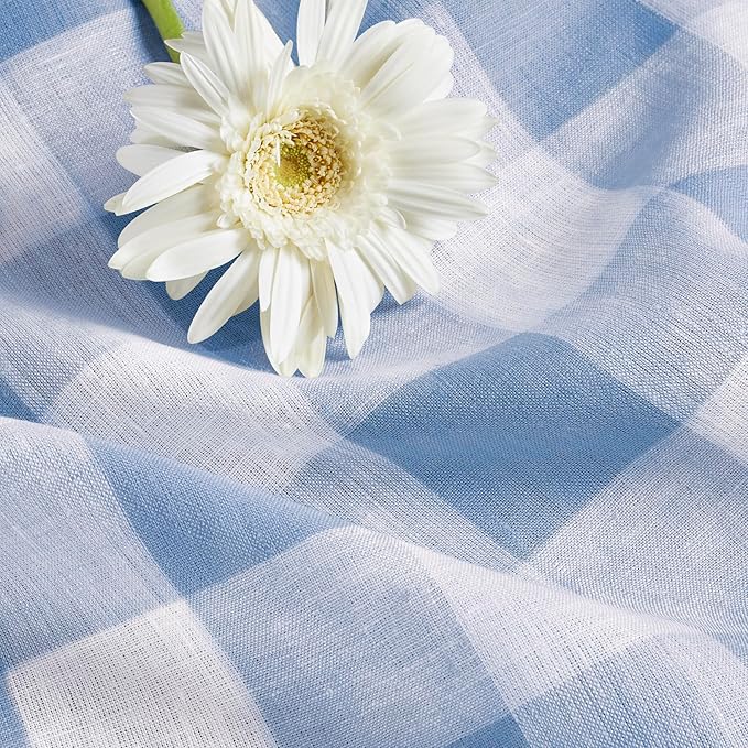 Solino Home Linen Checkered Table Runner 144 Inches Long - 100% Pure Linen Buffalo Check Chambray Blue and White Table Runner 14 x 144 Inch Ideal for Dining, Winter, Spring, Easter