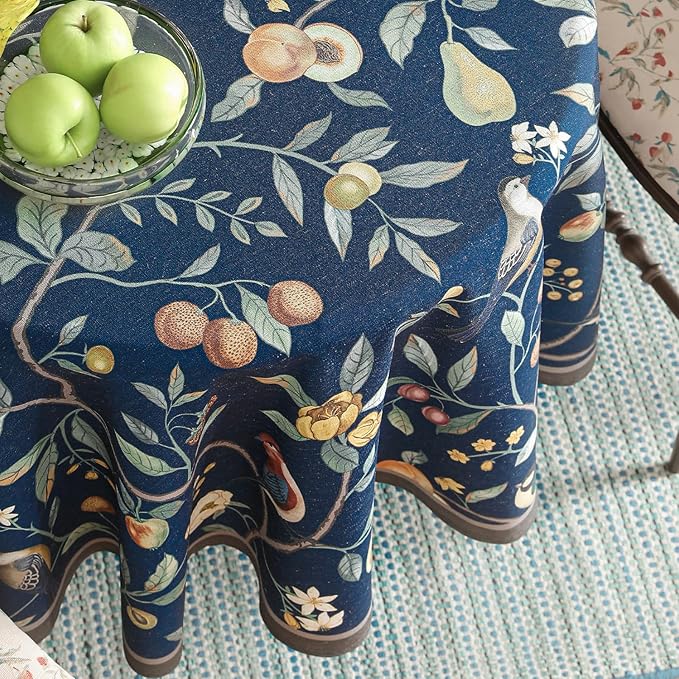 Linen 55 Inch Round Tablecloth,Wrinkle Resistant French Blue Tablecloth Print with Froal,Decor Stitch Table Cloth for Thanksgiving,Dining Room,Home,Kitchen Diameter 55"-DeweyA Blue