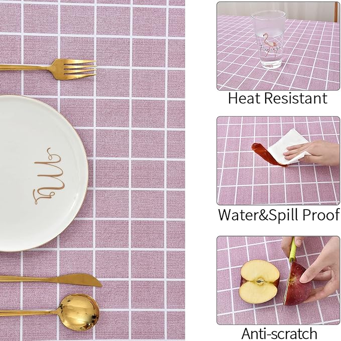 Romanstile Rectangle Vinyl Tablecloth, 100% Waterproof Oil-Proof Checkered Plastic Table Cloth, Heavy Duty Wipeable Table Covers for Dining, Camping, Picnic, Outdoor - 60 x 102 Inch, Pink