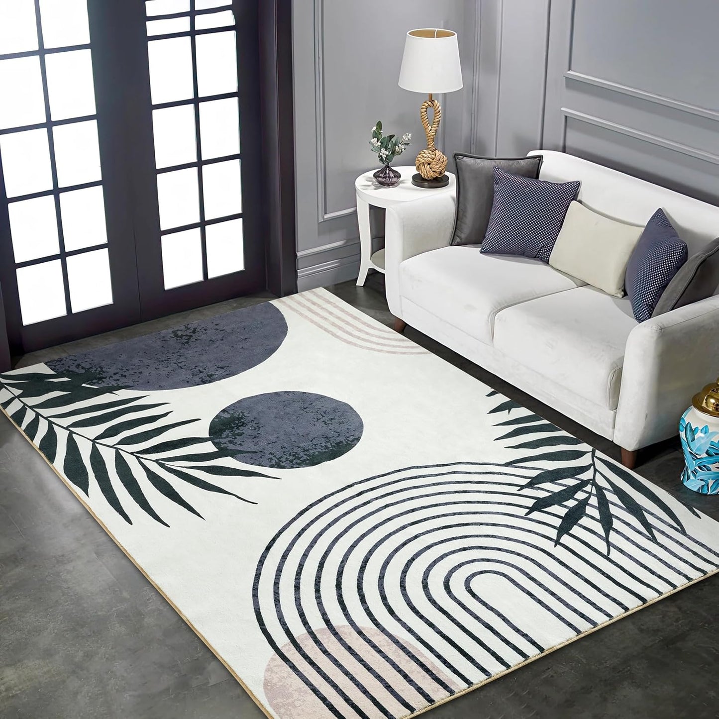 RoomTalks Mid Century Modern Living Room Rug Washable 5x7 Rug, Black Boho Cute Aesthetic Area Rugs Carpet for Bedroom Dining Room Office, Vintage Abstract Leaves Thin Indoor Entryway Carpet