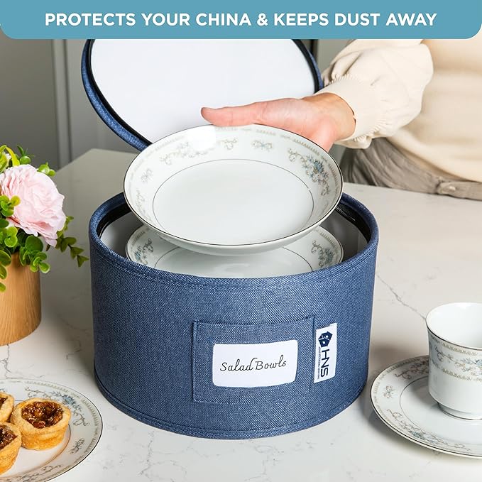 China Storage Hard Shell Containers 8-Piece Set Moving Boxes for Dinnerware, Glasses, Plates, Mugs and Saucers Sturdy Dish Organizer with Dividers for Seasonal Storage - Service for 12 - Denim Blue