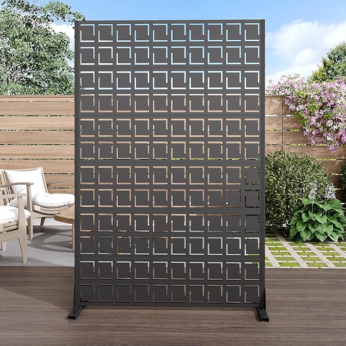 Casaphoria 72" H x 47" W Metal Privacy Screen, Outdoor Freestanding Decorative Divider for Patio, Deck, Balcony, and Garden with Stable Base, Black-Frederick