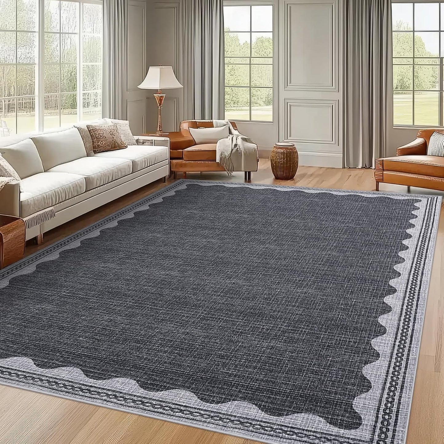 Scalloped Washable Rug 8x10 Area Rugs for Living Room, Solid Grey Rug for Bedroom Girls, Non Slip Throw Carpet with Rubber Back, Soft Dorm Nursery 8x10 Rugs for Dining Room