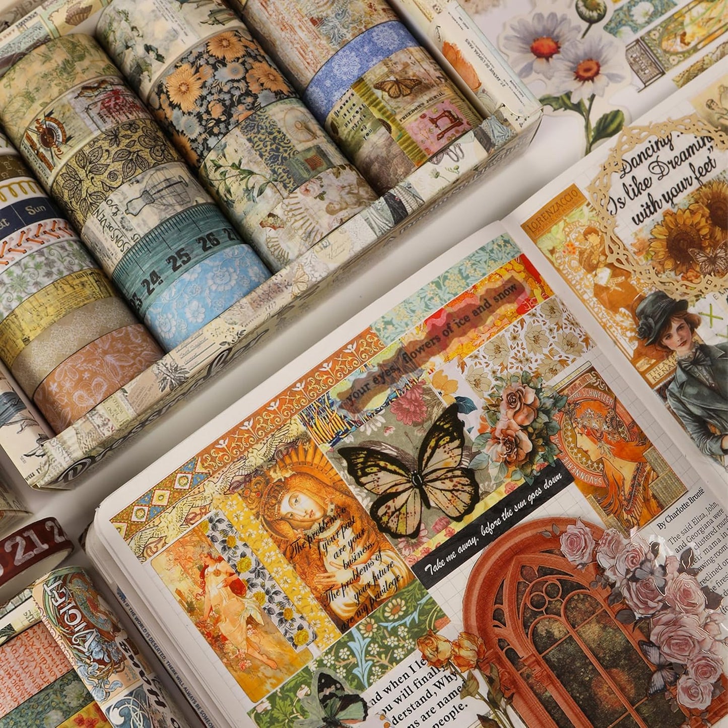 Vintage Washi Tape Set - 24 Rolls Arts Adhesive Tapes Assorted Retro Decorative Masking Tape Sets for Craft, Kids, Scrapbook, DIY, Gift Wrapping (7-Daily Vintage)