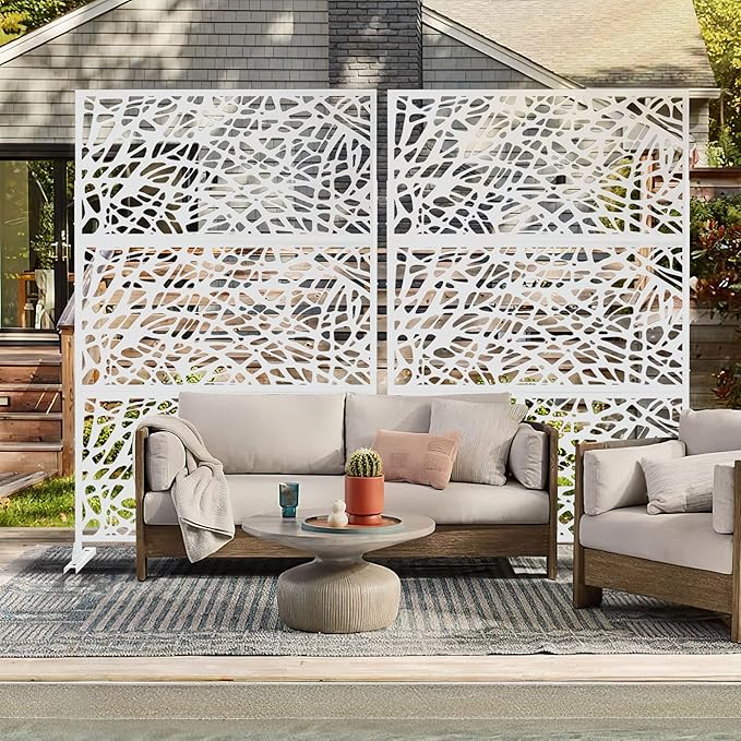 Elevens Free Decorative Privacy Screen with Stand, Outdoor Decor Privacy Fence Screen Metal Fence Panels, Outdoor Divider for Garden Patio Backyard, White-Web (A-GE04004)