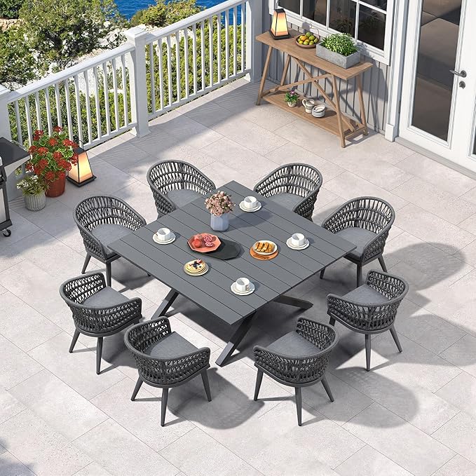 PURPLE LEAF 9 Pieces Outdoor Dining Set All-Weather PE Rattan Outdoor Patio Furniture Set with All Aluminum Frame Square Table and Chairs Set for Lawn Garden Backyard Deck, Grey