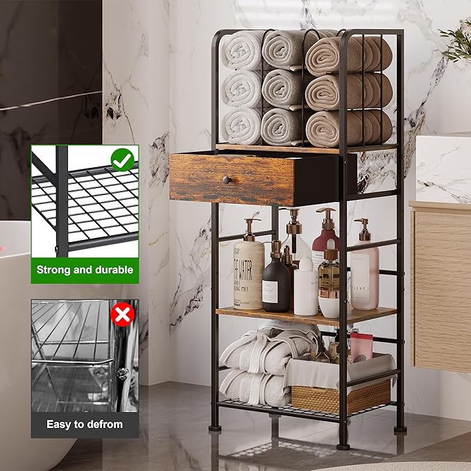 Towel Rack Free Standing 3-Tier with Drawer and M-Shaped Detachable Dividers,Towel Holder with Adjustable Shelf, Towel Organizer Space Saving for Bathroom and Poolside Patent Pending