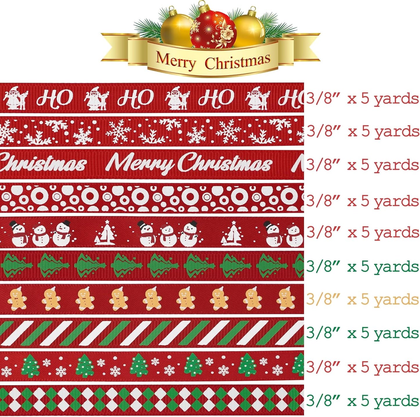 MEEDEE 3/8 inch 100 Yards Assorted Christmas Ribbon - Pack of 20 in Red, Green & White - Mix Grosgrain & Double Face Satin Ribbon for Holiday Décor, Gift Wrapping, Xmas Wreath Bow or Crafting Project