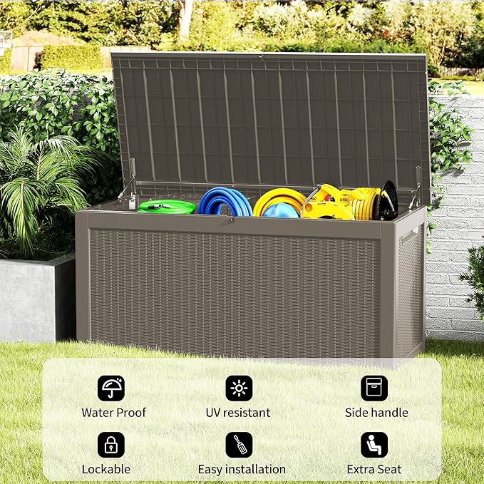 320 Gallon Deck Box, Resin Outdoor Indoor Waterproof Storage Box, Lockable Storage Box With Handle for Patio Furniture - Garden Tools - Swimming Pool Tools UV-Resistant (Grey 320 Gallon)