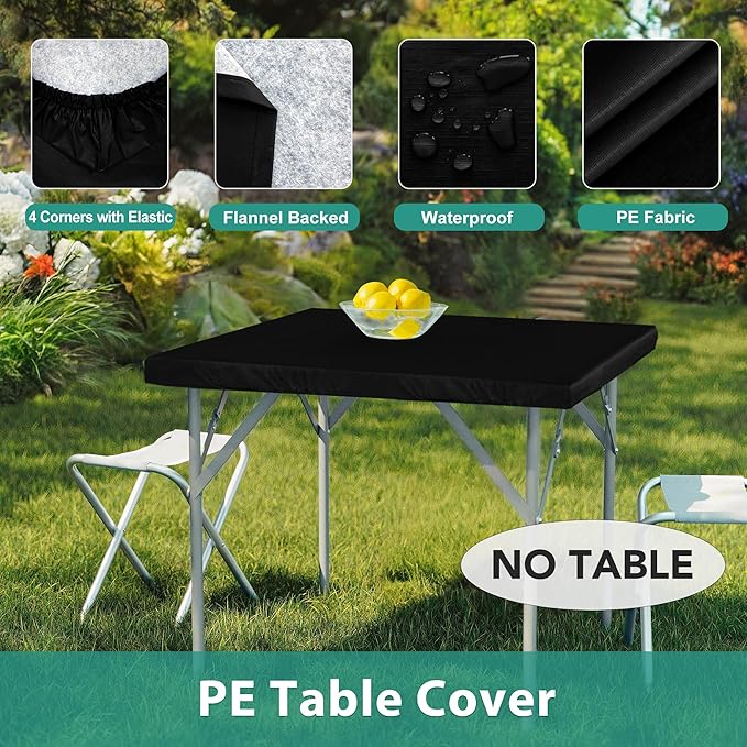 LUSHVIDA 2 Packs Vinyl Card Tablecloth with Flannel Backing 24x24 inch - Waterproof Plastic Cover for Picnic Nightstand End Bedside Table, Small Square Folding Table with Elastic Corners, Black