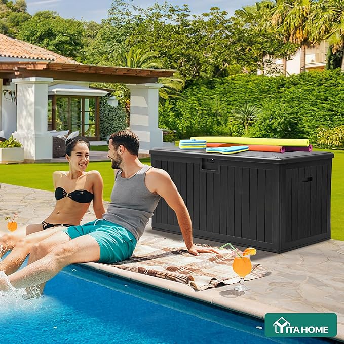 YITAHOME 150 Gallon Double-Wall Deck Box with Side Handles, Outdoor Large Storage for Patio Furniture Cushions, Garden Pool Accessories, Water Resistant & Lockable