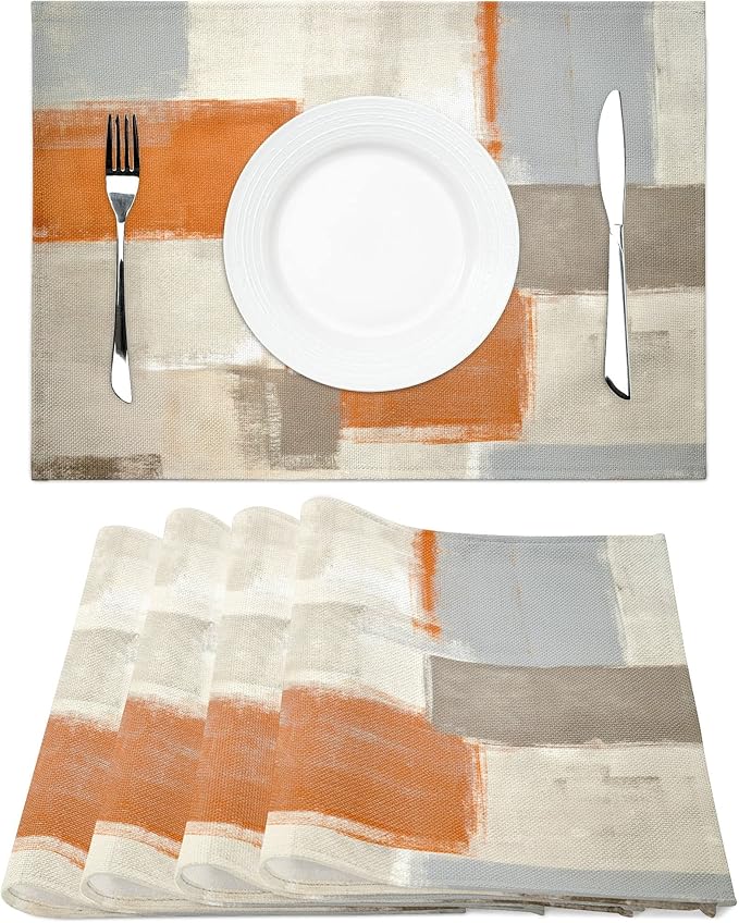Modern Art Placemats Set of 4 Orange Abstract Painting Place Mats Washable Linen Beige Placemat for Kitchen Dining Table Home Party Banquet Decor 18x12 Inches