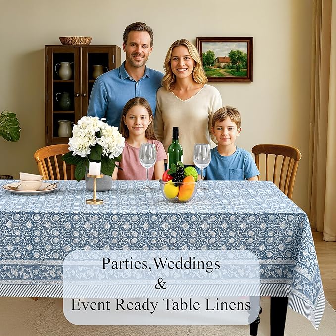 CPC Azure Regal Tablecloth 100% Cotton 80x120 Inch Indian Block Print Rectangle Table Cover, Table Cloth for Gifting in Weddings, Halloween, Fall, Christmas, Thanksgiving