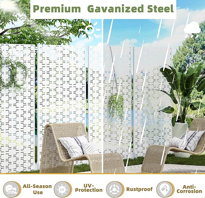 Casaphoria Metal Privacy Screen Outdoor, 72" H x 47" W Freestanding Decorative Privacy Screen for Patio Deck Balcony Garden with Stable Base, Square White