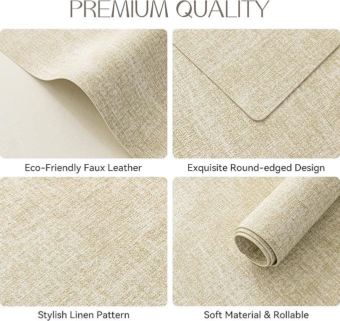 Romanstile Vinyl Placemats Set of 8-12 X 17 Inch - Heat Resistant Place Mats 100% Waterproof Oilproof Wipeable Reversible Faux Leather Table Mats for Kitchen, Dining, Party, Outdoor, Beige